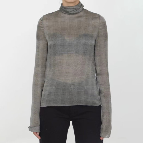 NIGO Saint Laurent Women's Autumn And Winter Plaid Silk Blend High Collar Long Sleeve Shirt Ngvp #nigo6932