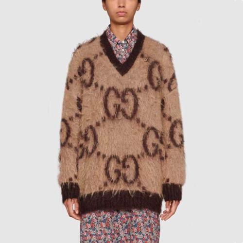 NIGO Gucci Women's GG Beige Jacquard V-Neck Mohair Knit Sweater Pullover #nigo96863