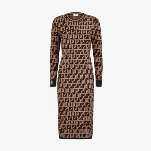 NIGO Fendi Women's FF Pattern Viscose Fiber Knit Round Neck Long Sleeve Dress #nigo96926