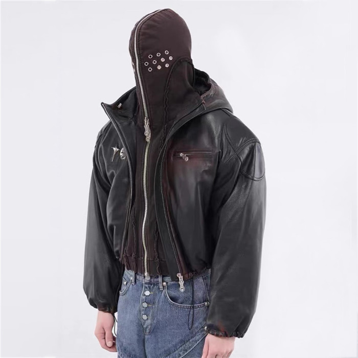 NIGO THUG CLUB Men's Winter Dyed Logo Printed Zipper Hem Drawstring Fitted Short Hooded Leather Jacket Ngvp #nigo6998