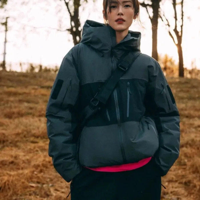 NIGO Arcteryx Men's and Women's Gray Spliced Logo Hard Shell Down Jacket Jacket #nigo96994