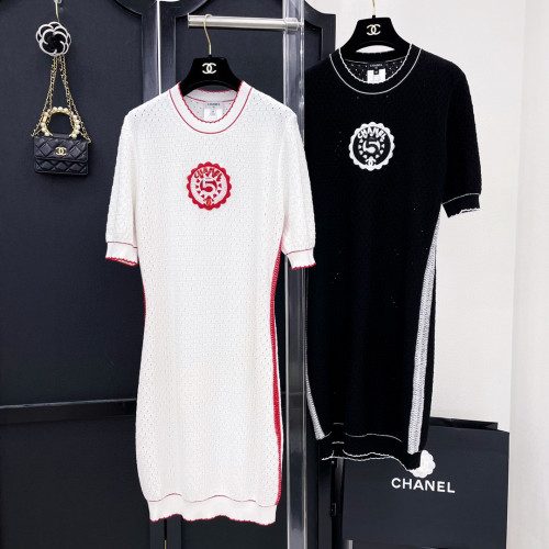 NIGO Chanel Women's Summer Breathable Round Neck Short Sleeve Solid Color Knit Long Dresses #nigo96997