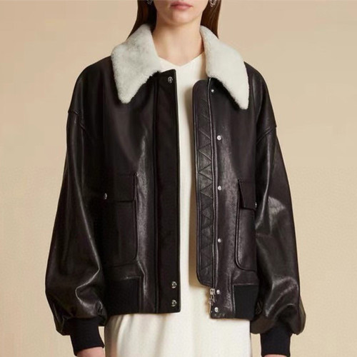 NIGO Khaite Women's Autumn And Winter Lapel Loose Multi Pocket Long Sleeved Leather Fur Integrated Collar Jacket Ngvp #nigo7196