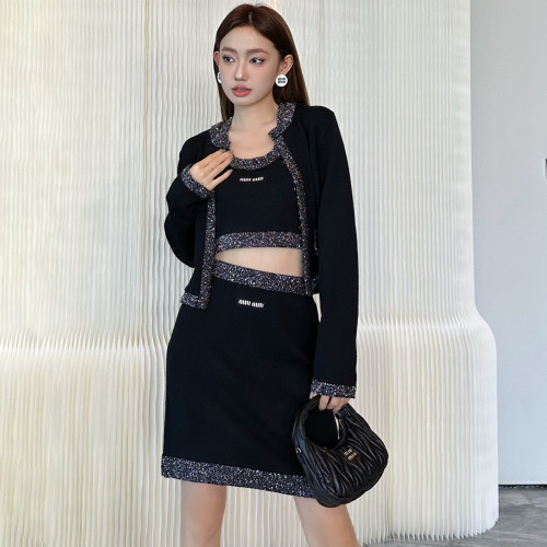NIGO MiuMiu Women's Spring And Fall Summer Cardigan Jacket Sleeveless Undershirt Short Skirt Three-Piece Set #nigo97323