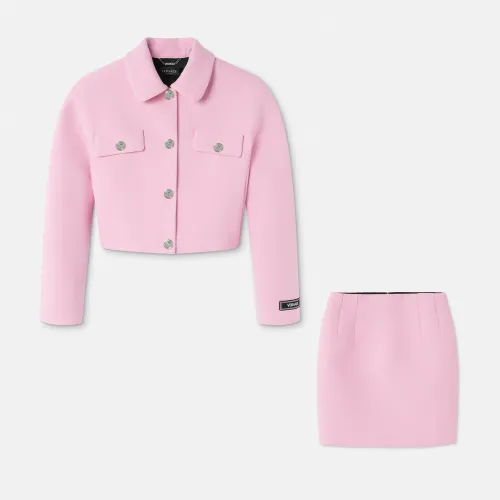 NIGO Versace Women's Autumn Pink Single Breasted Rounded Crop Blouson Jacket Mini Skirt Set Suit #nigo97362