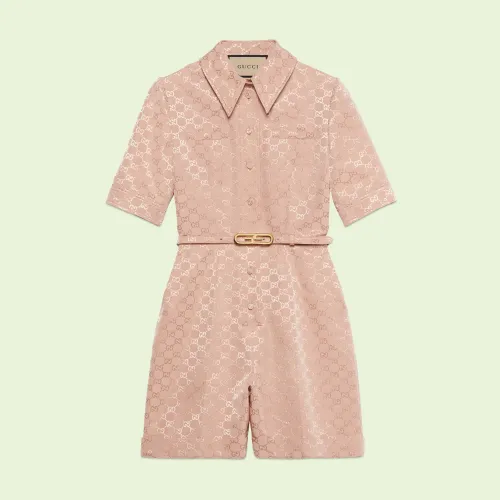 NIGO Gucci GG Cotton Viscose Jumpsuit Women's Summer Pink Short Sleeve One-piece Shorts #nigo97378