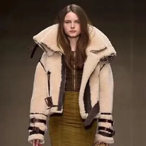 NIGO Burberry Women's Winter Double Lapel Belt Long Sleeve Leather Patchwork Wool Zipper Cardigan Short Jacket Ngvp #nigo7272