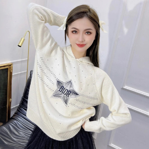 NIGO Dior Women's Autumn Letter Embroidery Crystal Embellished Hooded Sweatshirt Knitted Pullover #nigo97642