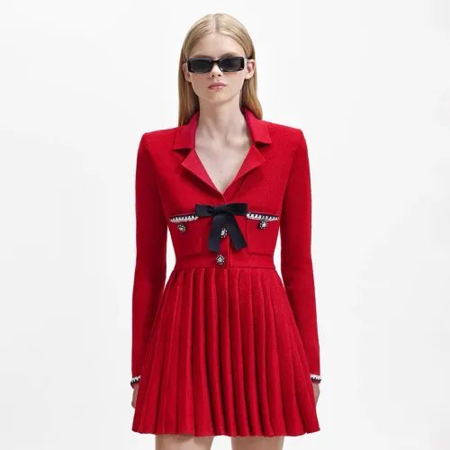 NIGO Self-portrait Women's Autumn/Winter Red Multi-Pocket Knit Bowknot Long Sleeve Lapel Fitted Mini Dresses Ngvp #nigo7479