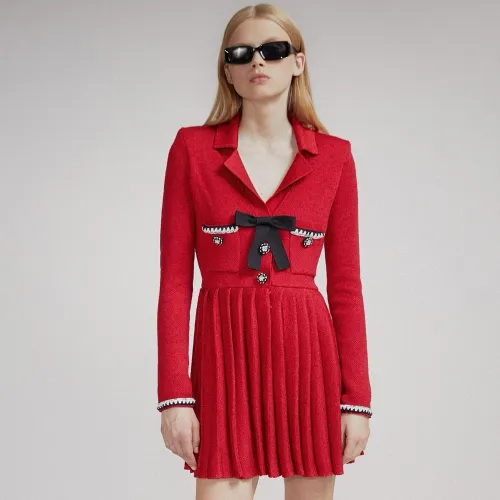 NIGO Self-portrait Women's Autumn/Winter Red Multi-Pocket Knit Bowknot Long Sleeve Lapel Fitted Mini Dresses Ngvp #nigo7479