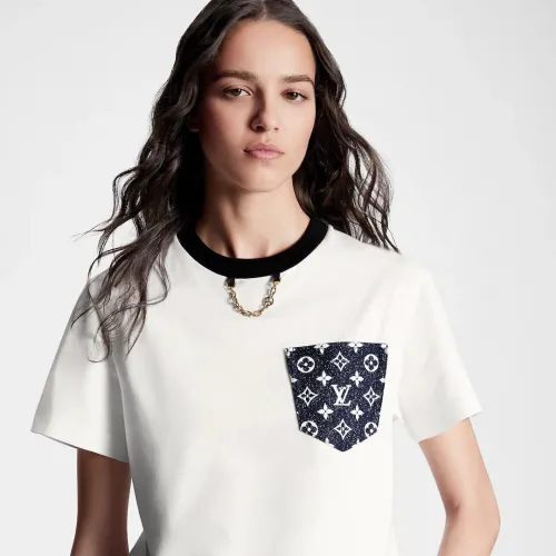 NIGO Louis Vuitton Women's Summer White Monogram Denim Fabric Pocket Round Neck Short Sleeve T-Shirt #nigo97915