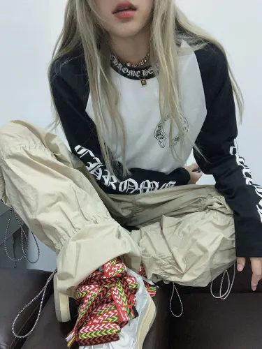 NIGO Chrome Hearts Women's Spring and Autumn Black and White Splicing Sanskrit Print Cotton Long Sleeve T-Shirt #nigo97985
