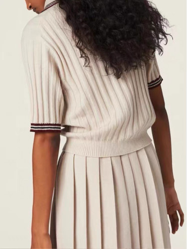 NIGO MiuMiu Women's Summer Beige Cashmere Knit Short Sleeve Top Polo Shirt Skirt Set Suit #nigo97983