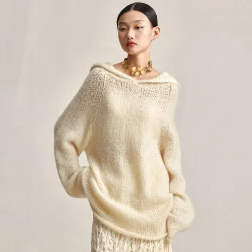 NIGO Swaying Knit Women's Summer Beige Sheep Wool Knit Loose Fit Hooded Sweatshirt Pullover #nigo98193