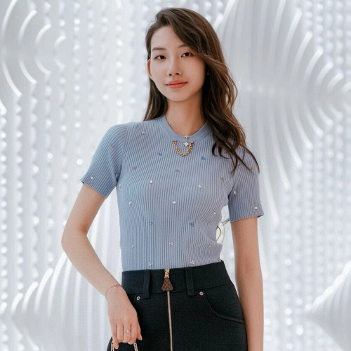 NIGO Louis Vuitton Women's Spring And Autumn Rhinestone Embroidery Round Neck Casual Ribbed Short Sleeve Knit Sweater Ngvp #nigo7784
