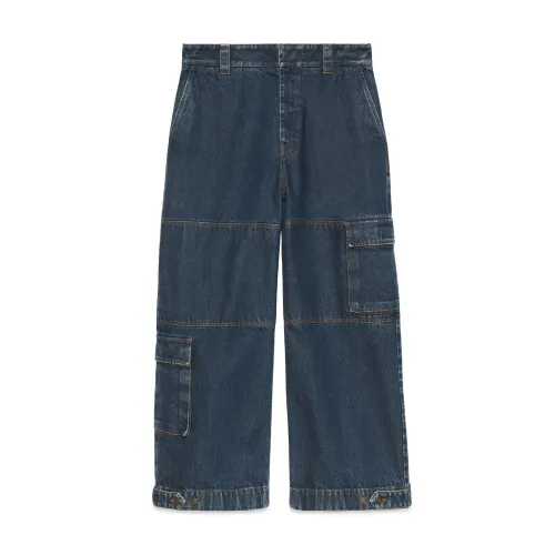 NIGO Gucci Men's Clothes For All Seasons Dark Blue Zipper Pocket Cropped Casual Jeans Pants #nigo98383