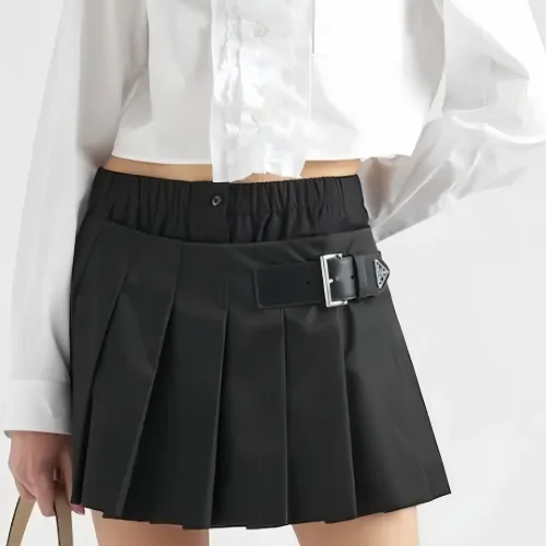 NIGO Prada Women's Summer Black Mid Waist Pleated Leather Short Skirt #nigo98552