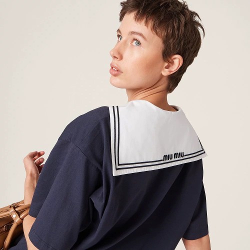 NIGO Miu Miu  Women's Spring Summer College Style Navy Neck Tie Bow Cotton Short Sleeve T-shirt Oversize Tops #nigo98628