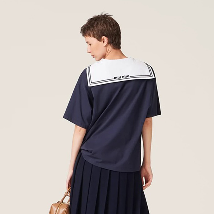 NIGO Miu Miu  Women's Spring Summer College Style Navy Neck Tie Bow Cotton Short Sleeve T-shirt Oversize Tops #nigo98628
