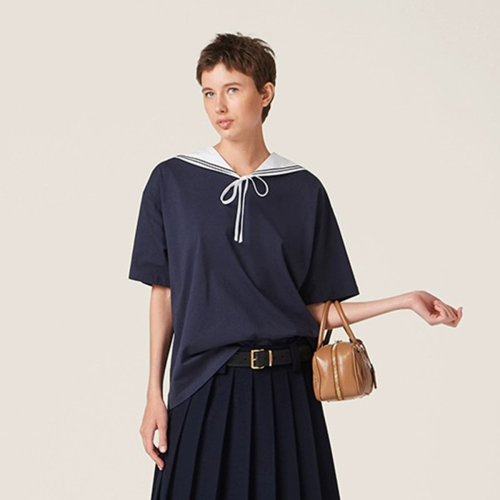 NIGO Miu Miu  Women's Spring Summer College Style Navy Neck Tie Bow Cotton Short Sleeve T-shirt Oversize Tops #nigo98628