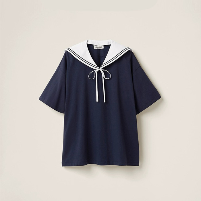 NIGO Miu Miu  Women's Spring Summer College Style Navy Neck Tie Bow Cotton Short Sleeve T-shirt Oversize Tops #nigo98628