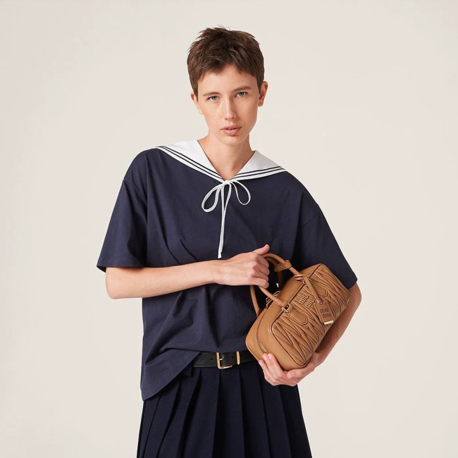 NIGO Miu Miu  Women's Spring Summer College Style Navy Neck Tie Bow Cotton Short Sleeve T-shirt Oversize Tops #nigo98628