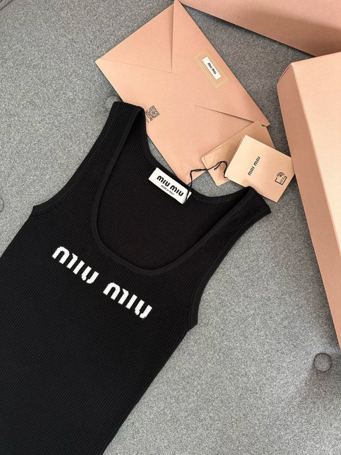 NIGO MiuMiu Women's Summer White Letter Logo Print Black Knit Camisole Tank Top Vest #nigo98645