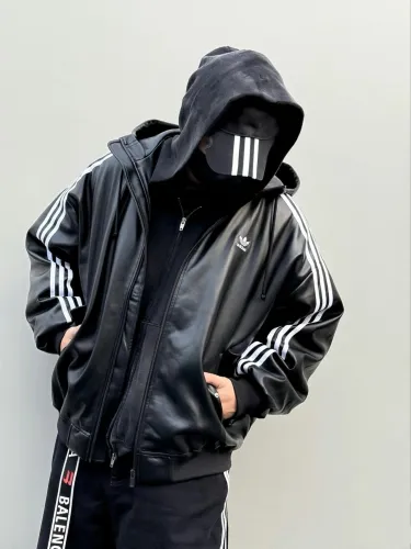 NIGO Adidas Originals Men's And Women's Spring And Fall Models Three Stripes Color Blocking Loose Sports Hooded Leather Jacket #nigo98641