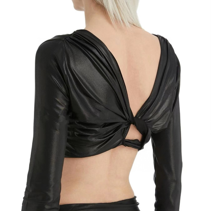 NIGO Rick Owens Women Spring Summer Fashion High Street Black Front And Back Wear Backless Spice Short Long Sleeve Top  Ngvp #nigo7939