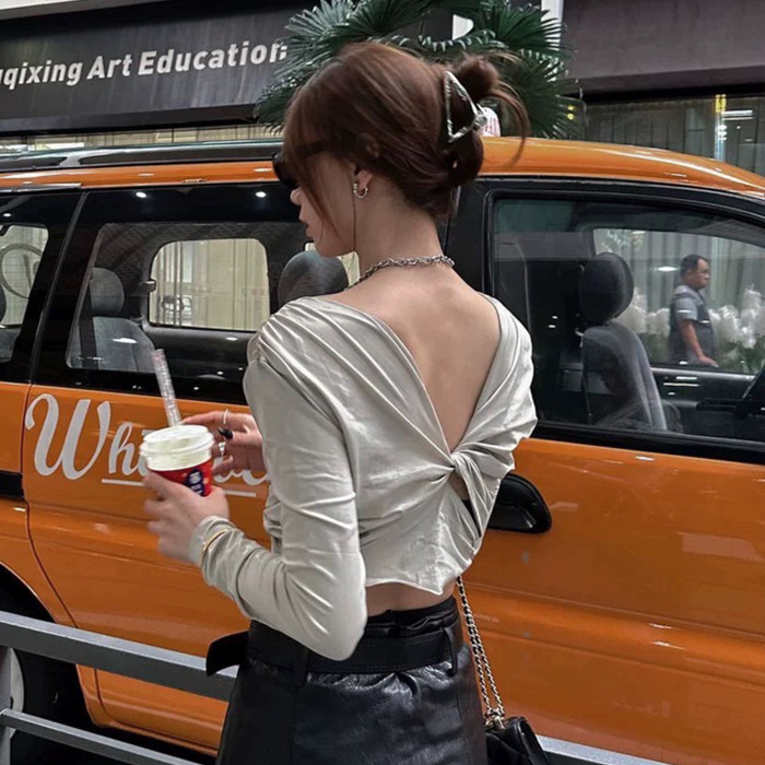 NIGO Rick Owens Women Spring Summer Fashion High Street Black Front And Back Wear Backless Spice Short Long Sleeve Top  Ngvp #nigo7939