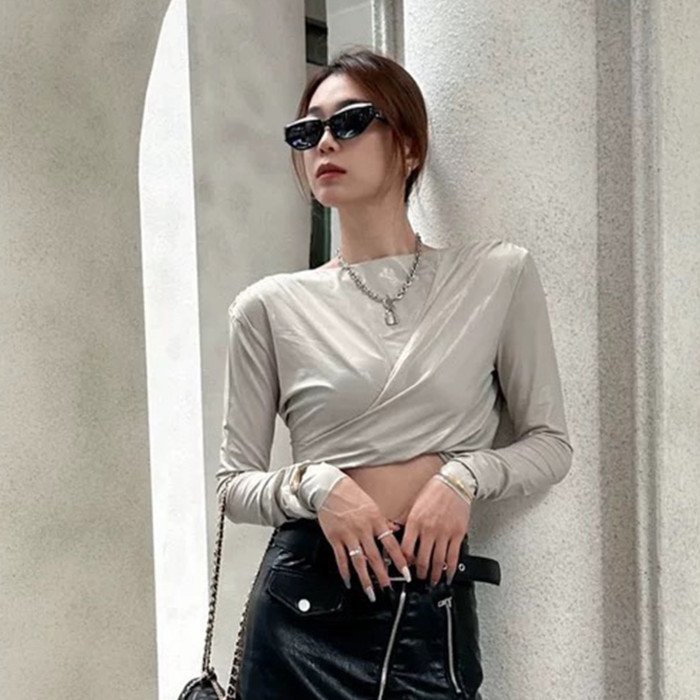 NIGO Rick Owens Women Spring Summer Fashion High Street Black Front And Back Wear Backless Spice Short Long Sleeve Top  Ngvp #nigo7939