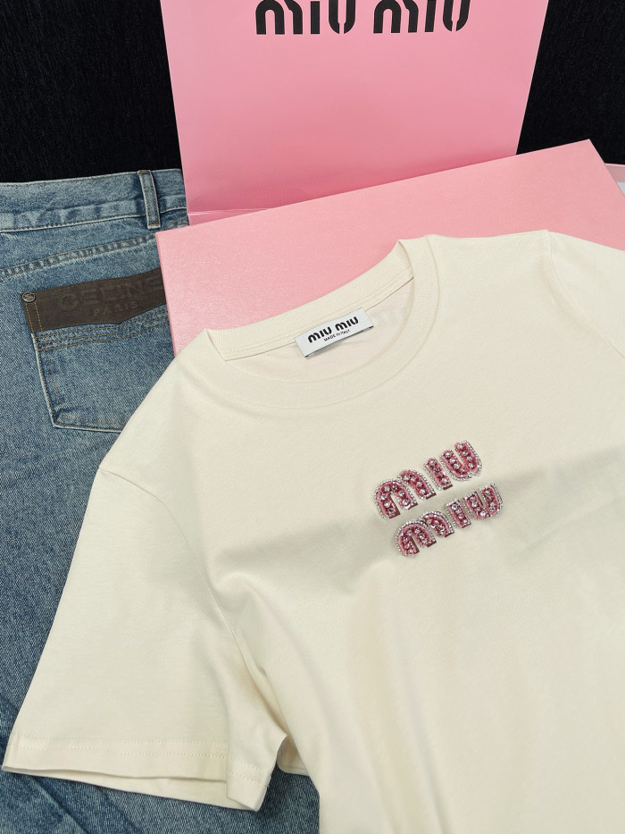 NIGO MiuMiu Women's Summer Solid Color Cotton Round Neck Short Sleeve Pullover Fitted Jersey T-shirt #nigo98672