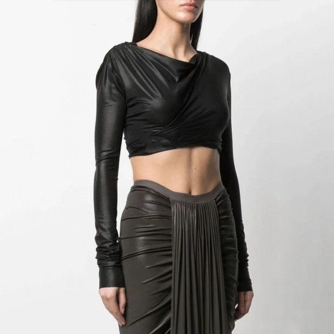 NIGO Rick Owens Women Spring Summer Fashion High Street Black Front And Back Wear Backless Spice Short Long Sleeve Top  Ngvp #nigo7939