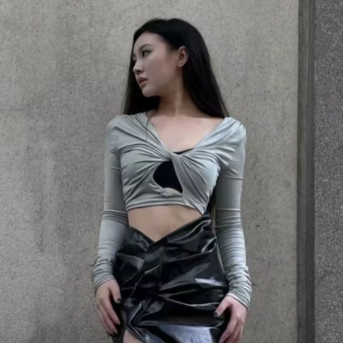 NIGO Rick Owens Women Spring Summer Fashion High Street Black Front And Back Wear Backless Spice Short Long Sleeve Top  Ngvp #nigo7939
