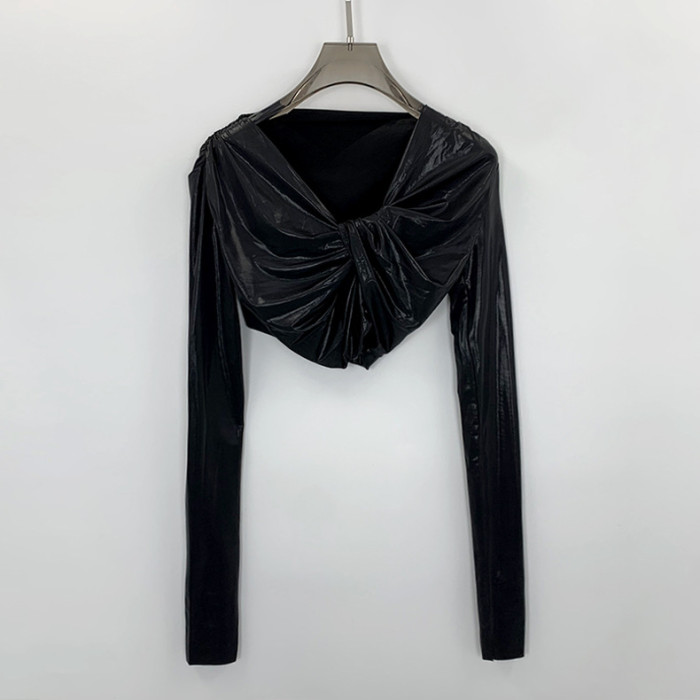 NIGO Rick Owens Women Spring Summer Fashion High Street Black Front And Back Wear Backless Spice Short Long Sleeve Top  Ngvp #nigo7939