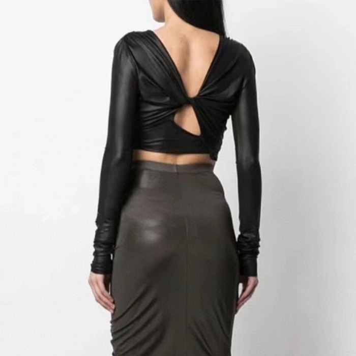 NIGO Rick Owens Women Spring Summer Fashion High Street Black Front And Back Wear Backless Spice Short Long Sleeve Top  Ngvp #nigo7939