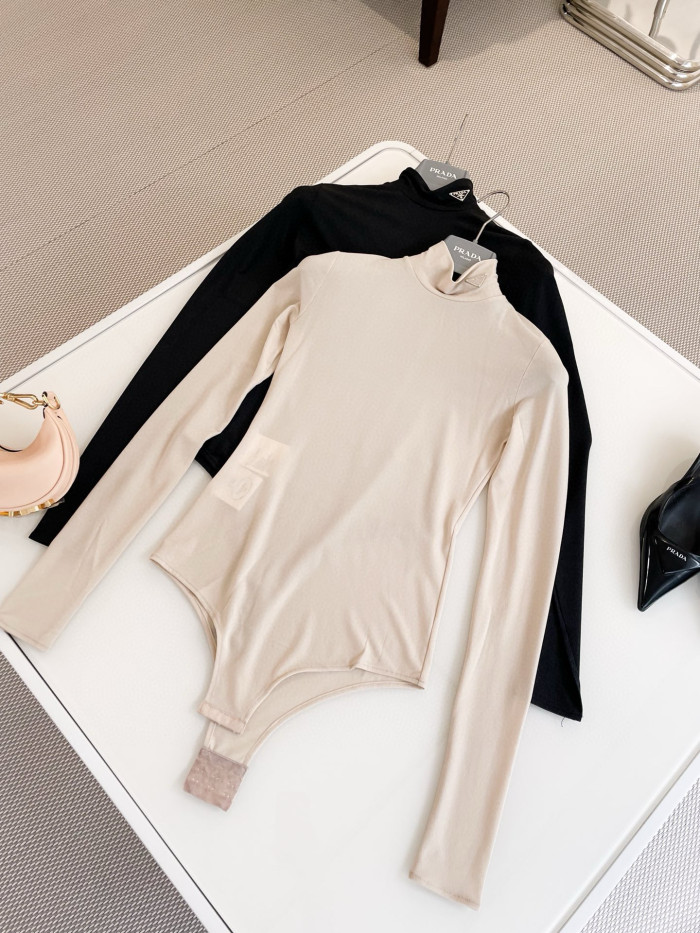 NIGO Prada Women's Spring and Autumn Solid Color High Neck Casual Long Sleeve One-piece Top #nigo98657