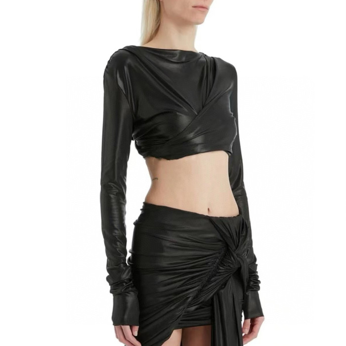 NIGO Rick Owens Women Spring Summer Fashion High Street Black Front And Back Wear Backless Spice Short Long Sleeve Top  Ngvp #nigo7939