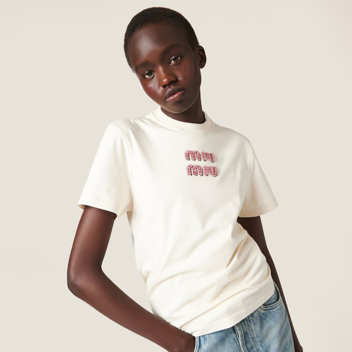 NIGO MiuMiu Women's Summer Solid Color Cotton Round Neck Short Sleeve Pullover Fitted Jersey T-shirt #nigo98672