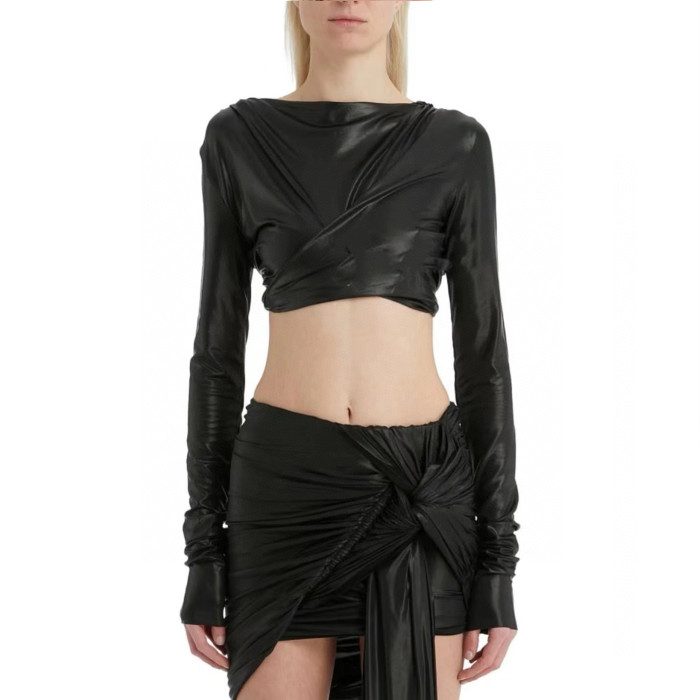 NIGO Rick Owens Women Spring Summer Fashion High Street Black Front And Back Wear Backless Spice Short Long Sleeve Top  Ngvp #nigo7939