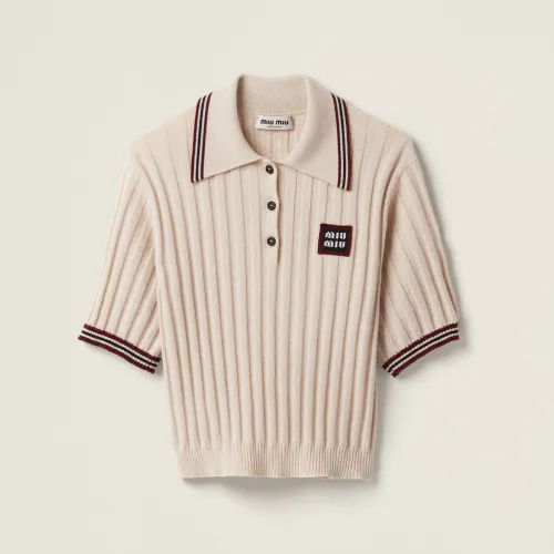 NIGO MiuMiu Ladies Summer Beige Polo Neck Cashmere Knit Short Sleeve T-Shirt Top #nigo98692