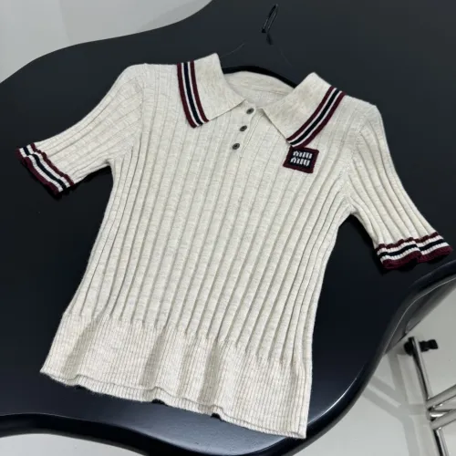 NIGO MiuMiu Ladies Summer Beige Polo Neck Cashmere Knit Short Sleeve T-Shirt Top #nigo98692