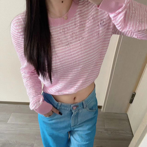 NIGO Chanel Women's Spring and Summer Fashion Trend Round Neck Pink Striped Knit Long Sleeve Top T-Shirt #nigo98769