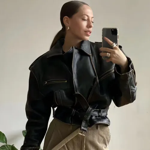 NIGO Prada Women's Spring And Autumn Solid Color Fashion Retro Zipper Short Section Long-Sleeved Cowhide Jacket Coat Ngvp #nigo8134