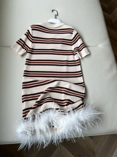 NIGO MiuMiu Women's Summer Striped Knit Polo Neck Patchwork Feather Short Sleeve Dresses #nigo98846