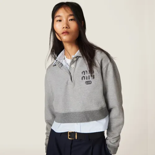 NIGO MiuMiu Women's Spring Autumn Gray Letter Logo Pattern Long Sleeve Polo Shirt Drawstring Tie Midi Shorts Suit Set #nigo98897