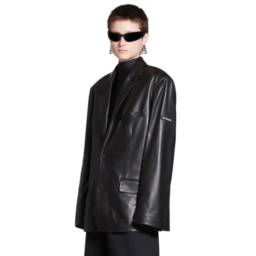 NIGO Balenciaga Men's Fall/Winter Black Logo Labeled Single Breasted Regular Fit Long Sleeve Leather Jacket #nigo98955