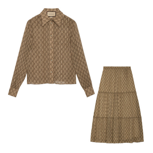 NIGO Gucci Women's Brown Letter Check Full Print Single Breasted Lapel Silk Long Sleeve Shirt Pleated Half Skirt Set Suit #nigo99221