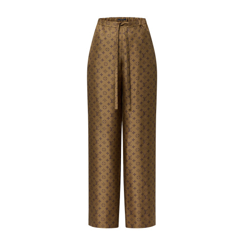 NIGO Louis Vuitton Women's Summer Pantaloni Larghi Con Motivo Monogram Stampato Brown Silk Pants #nigo99232