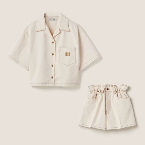 NIGO MiuMiu Women's Summer Beige Logo Embroidery Short Loose Single Breasted Denim Short Sleeve Shirt Mid Waist Button Denim Shorts Pants Suit Set #nigo99244